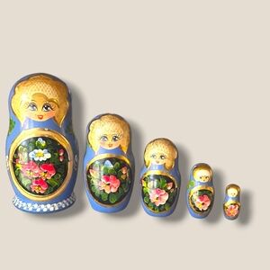 Hand-Painted Blue Russian Nesting Dolls (Matryoshka) - Floral Set